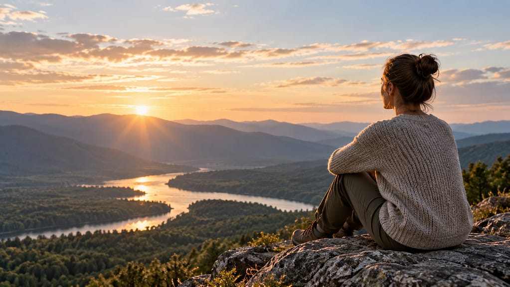 a woman contemplatively looking over a valley (ai generated)