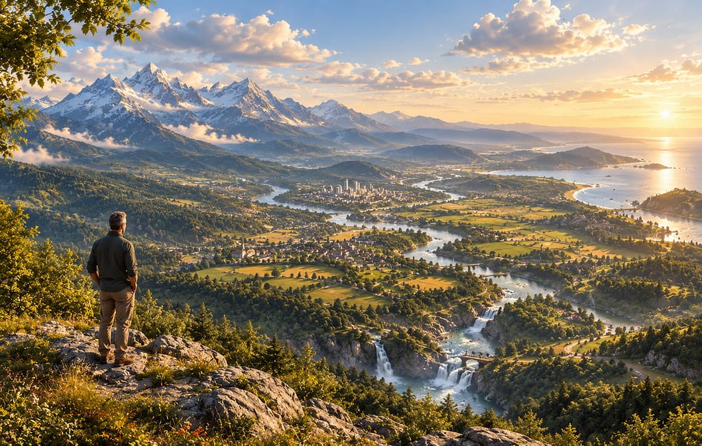 a man contemplatively overlooking a vast and expansive valley (ai generated)