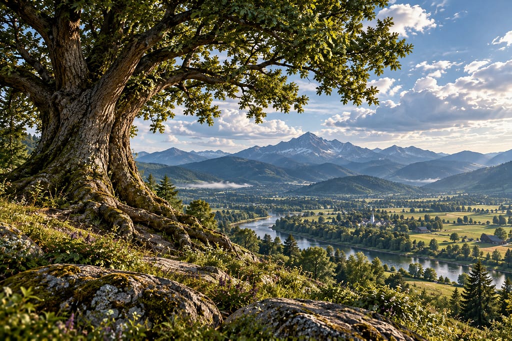 a large, strong tree above a valley (ai generated)