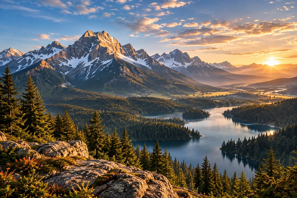 Mountain landscape with a river valley at sunrise (ai generated)