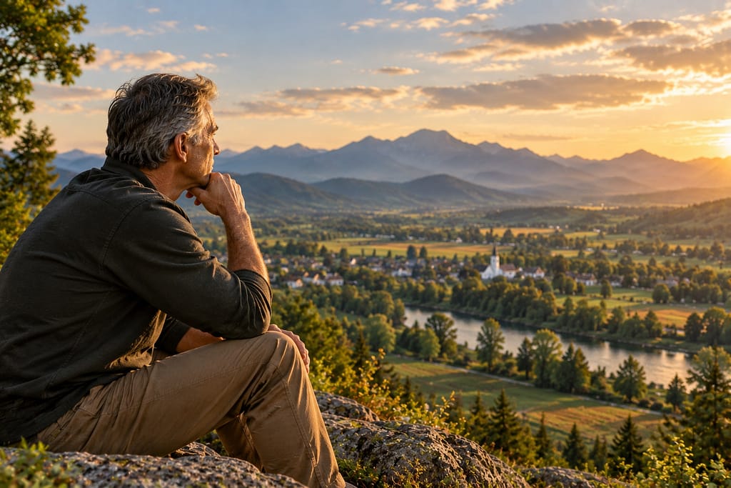 a mature man seated in contemplation overlooking a valley (AI generated)