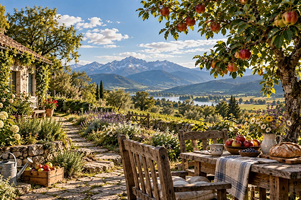 a terraced patio with abundant fruits and foliage (ai generated)