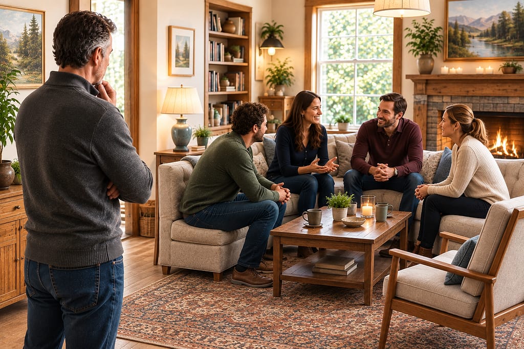 A thoughtful, mature man sharing the same warm, human space as several people engaged in meaningful conversation (AI generated)